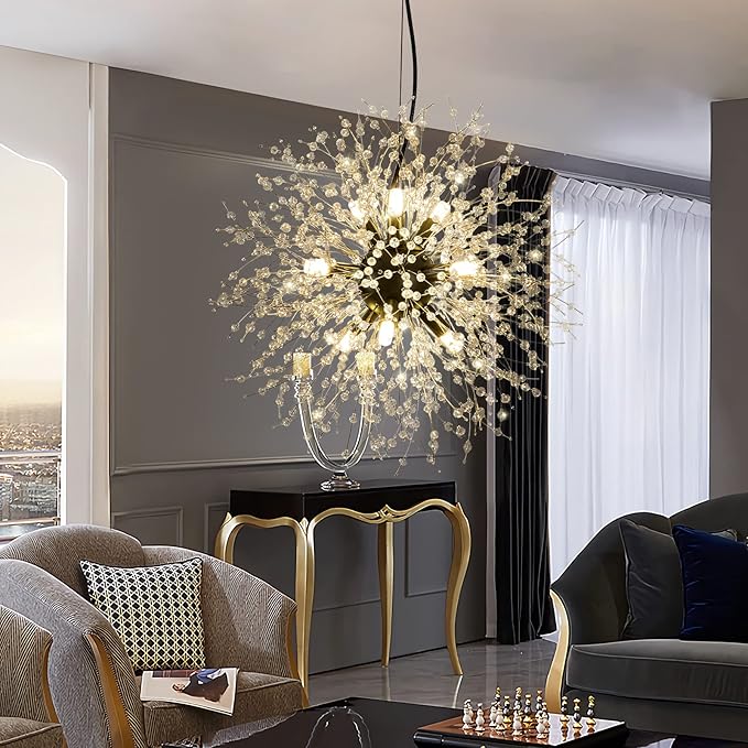 CM MZY Modern Crystal Chandeliers Firework, 9-Light Black Dandelion Sputnik Ceiling Light Fixtures, Sputnik Chandelier Pendant Light for Bedroom Living Room Dining Room Kitchen Island Hallway