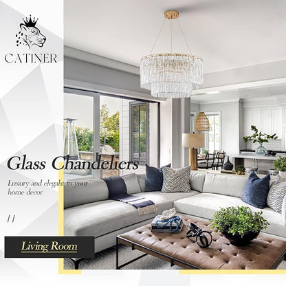 CATINER Modern Gold Chandeliers,20” Crystal Glass Pendant Ceiling Light Fixtures 7-Light Round Chandelier Luxury 2 Tiers Hanging Chandelier for Dining Room Foyer Living Room Bedroom