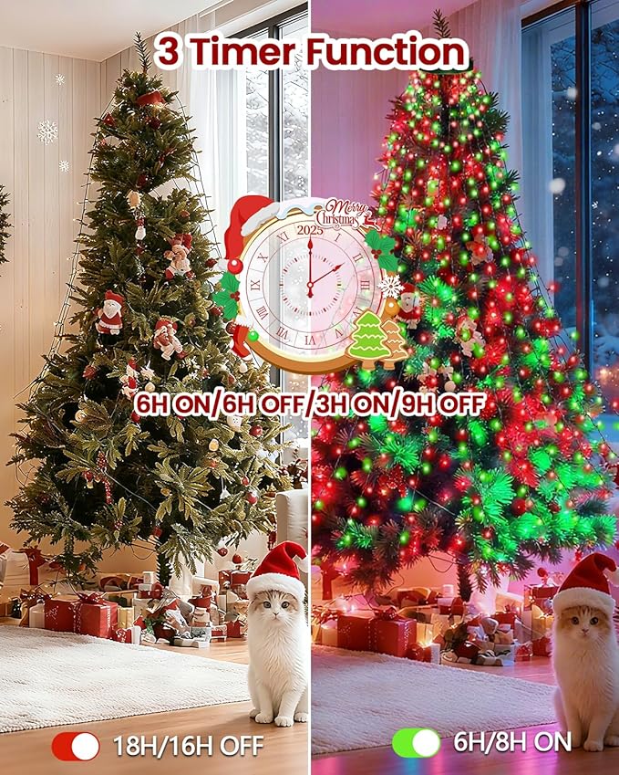 2025 New Christmas Tree Lights Indoor with Voice Control & Remote | 448LED Waterfall Tree Topper Lights with 12 Modes & Timer, 7FT x 16 Lines Cascading Twinkle Lights for 7FT Xmas Decor(Red Green)