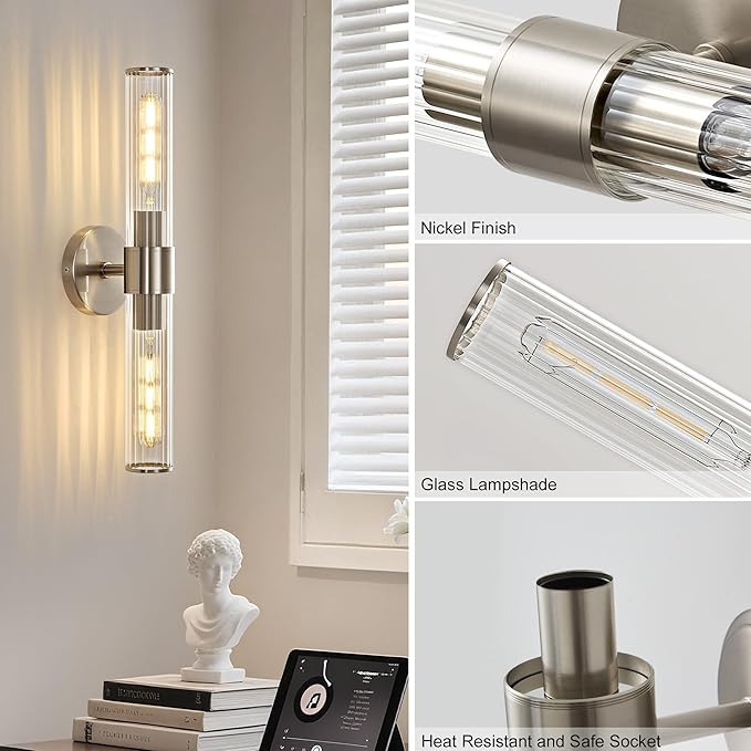 Bathroom Vanity Light Fixtures, Nickel Wall Sconces in Threaded Glass, Modern Wall Light for Bathroom Living Room Bedroom, Hallway