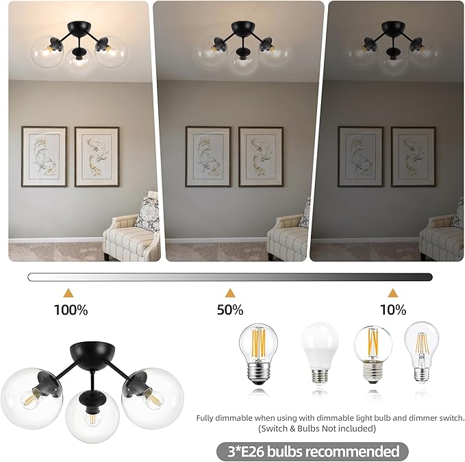 Bagood Mid-Century Modern Semi Flush Mount Ceiling Light 3 Lights Clear Glass Modern Globe Ceiling Light Matte Black Sputnik Chandeliers for Hallway Entryway Kitchen Bedroom Laundry(Bulb Incl.)