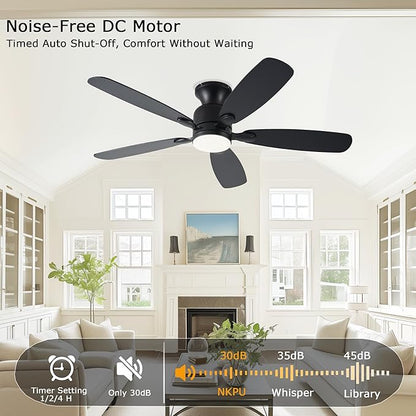 NKPU 52inch Black Ceiling Fans with Lights, Low Profile Ceiling Fan with Light and Remote/APP Control, Reversible DC Motor, Noiseless, Dimmable, Flush Mount Ceiling Fan for Bedroom Living Room Patios