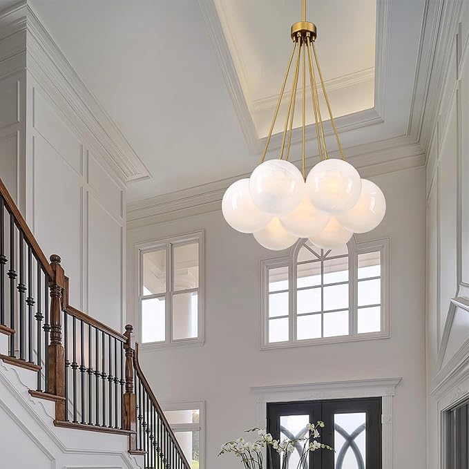 Modern Globe Chandelier Milky Glass Shade Gold Sputnik Ceiling Light Fixture, Mid Century Bubble Dining Room Pendant Light, Hanging Island Light for Kitchen Bedroom Entryway Over Table