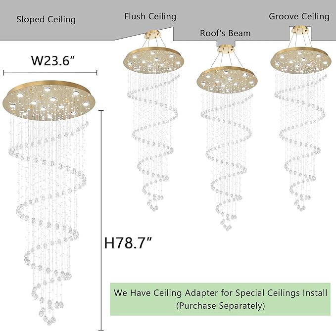 HAIXIANG LED W32 xH78 Chandelier for Living Room LED Chandeliers Dimmable Light Fixtures High Ceilings Pendant Lighting for Foyer Entryway Staircase Gold