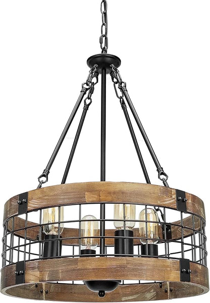 ACNKTZ Farmhouse Rustic Chandelier Light Fixture, 4-Light Round Hanging Pendant Lighting for Dining Room Entryway Kitchen Island Foyer Breakfast Area, Black Wood and Black Metal Finish