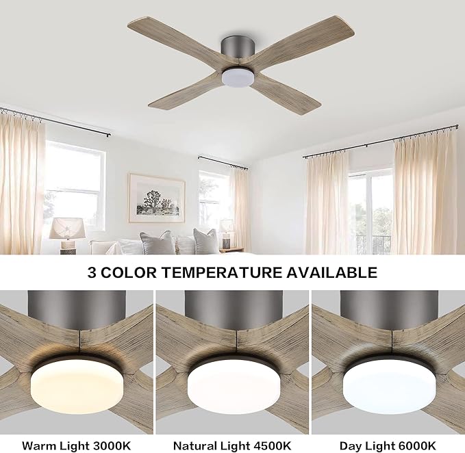WINGBO 48 Inch Flush Mount DC Ceiling Fan with Lights and Remote, 4 Reversible Carved Wood Blades, 6-Speed Noiseless DC Motor, Hugger Ceiling Fan in Graphite Finish with Gray Blades
