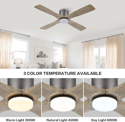 WINGBO 48 Inch Flush Mount DC Ceiling Fan with Lights and Remote, 4 Reversible Carved Wood Blades, 6-Speed Noiseless DC Motor, Hugger Ceiling Fan in Graphite Finish with Gray Blades