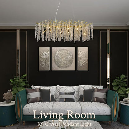 Benkut Modern Tree Branch Crystal Chandelier Luxury Gold Raindrop Pendant Lighting 38" Contemporary 10-Light Chandeliers for Dining Room Kitchen Bedroom Living Room