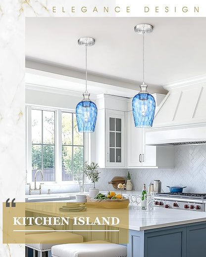 Pendant Lights Kitchen Island, Modern Brushed Nickel Hanging Lights Fixtures with Hand-Blown Hammered Blue Glass, Farmhouse Kitchen Island Lighting Over Sink, AD-24027-1P-SN-BL