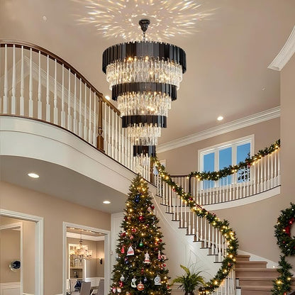 11-Tier K9 Crystal Chandelier, 32" Modern Black Adjustable Height Pendant Light, Luxury Round Chandeliers for High Ceiling, Foyer, Staircase, Entryway, Two-Story Living Room