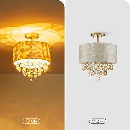 3-Light Capiz Shell Crystal Drum Ceiling Light, Coastal Style Close to Ceiling Light Fixture for Dining Room, Living Room & Bedroom, D12 * H14 inch, Champagne Crystal & Gold Finish