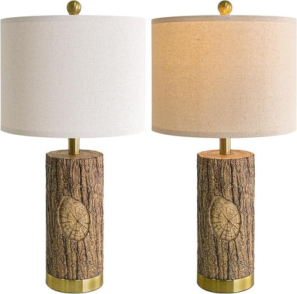 OYEARS 25.5'' Rustic Farmhouse Table Lamps, Faux Wood Tree Bark Lamps with Gold Base, Bedside Lamps Set of 2 with A+C Charging Ports, Retro Nightstand Lamps for Living Room Bedroom Hallway Decor Brown