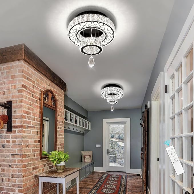 HAIXIANG Modern Flush Ceiling Chandelier Bedroom Light Fixtures Crystal Flat Sloping Ceiling Lights for Hallway Kitchen Dining Room Dimmable Light with Remote Black