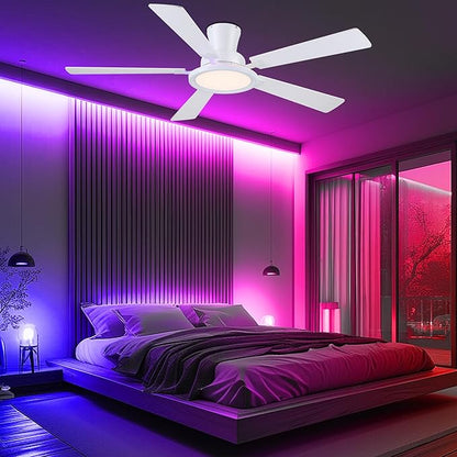 Ayaoty White Ceiling Fan with Light Flush Mount - 52in Low Profile Ceiling Fan with RGB Light and 5 Reversible Fan Blades, LED 3CCT Dimmable, Modern Indoor Fan Light for Bedroom, Party, White