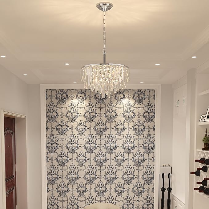Modern Chrome Crystal Chandelier, 18" Round Chandeliers for Dining Room 4-Tier 6 Lights Luxury Top K9 Crystal Ceiling Pendant Light Fixture for Foyer Bedroom Closet