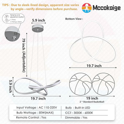 Modern LED Pendant Light Fixture Contemporary Ring Chandelier Nickel with 3000K-6000K Dimmable Remote Control and 79in Height Adjustable for Foyer Living Room Bedroom Dining Room