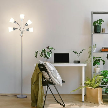 Brightech Medusa Modern LED Floor Lamp – Multi Head Floor Lamp for Living Rooms & Offices – Tall Lamp with Interchangeable Shade, Standing Lamp with 5 LED Bulbs for Hobbies - Silver