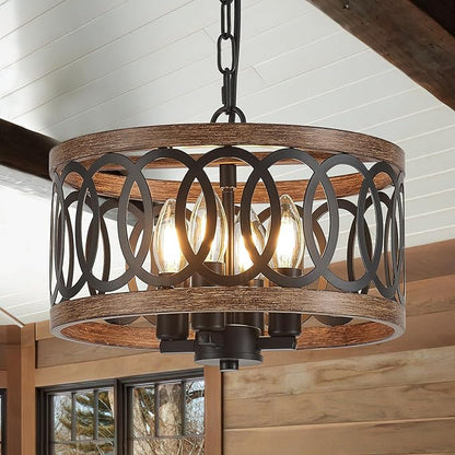 4-Light Farmhouse Drum Pendant Light,12.56'' Nature Wood Texture Vintage Rustic Chandeliers Black Metal Industrial Hanging Light Fixtures for Entryway, Bedroom Dining Room