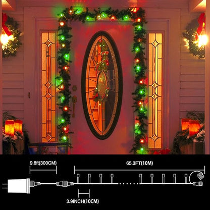 LAMPHOME Red and Green Christmas String Lights, 100 LED 33 FT Christmas Lights Outdoor Waterproof Connectable String Lights Clear Wire with 16 Modes, Xmas Vintage Decorations for Party Yard Garden