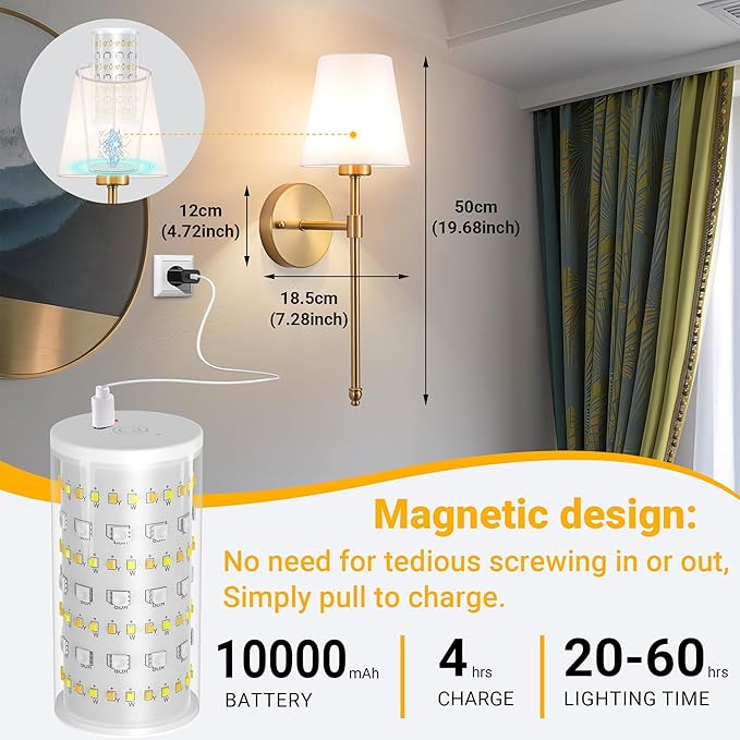Vimhou Peel and Stick Wall Sconces, Stick On Wall Sconce Set of 2, Battery Operated Wireless Wall Light, No Drill Adhesive Wall Lamp, Corn Bulb with 10000mAh Rechargeable Battery, Bedroom Wall Decor