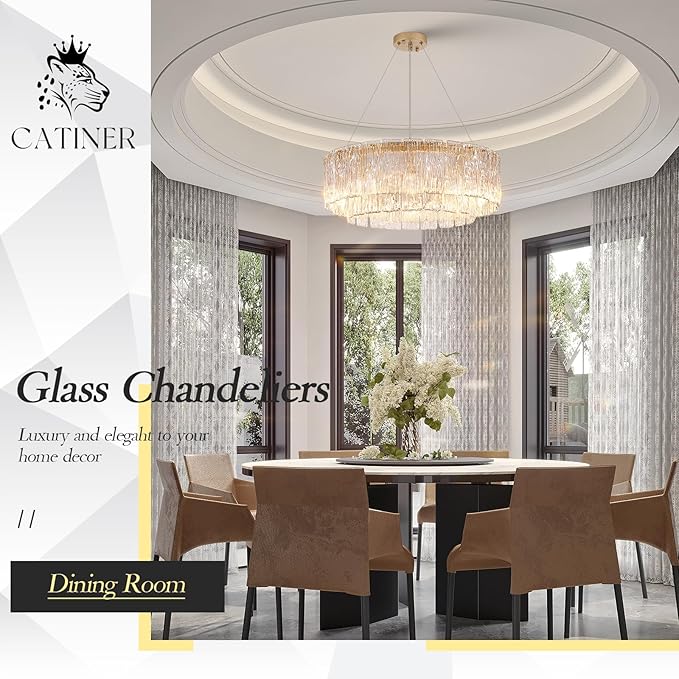 CATINER Gold Chandeliers 24”Modern Crystal Glass Round Chandelier 10-Light Drum Pendant Ceiling Light Fixtures Luxury 2 Tiers Hanging Chandelier for Dining Room Foyer Living Room Bedroom