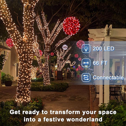 200 LED 66ft Christmas String Lights Indoor Outdoor, 8 Modes Christmas Fairy Lights with Timer & Momory, IP44 Waterproof Christmas Tree Lights for Xmas Patio Yard Fence Balcony Garden (Warm White)