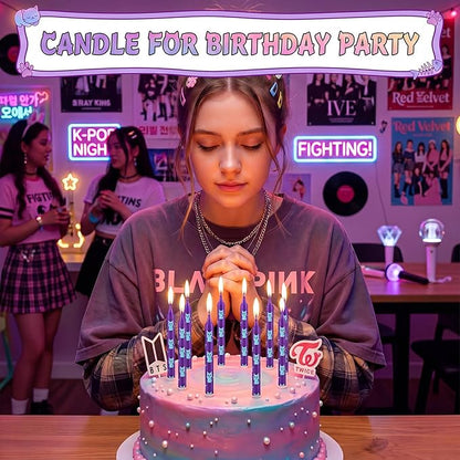 Conelist 12 Pcs Kpop Cat Themed Birthday Candles Purple Blue Birthday Decorations Cartoon Movie Cake Toppers for Kpop Themed Party Supplies