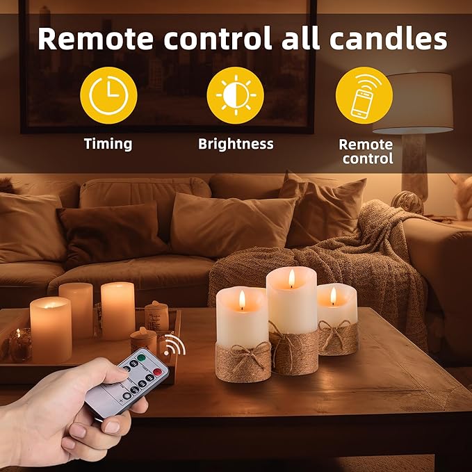 AKU TONPA Flameless Candles Battery Operated Pillar Real Wax Electric LED Candle Gift Set with Remote Control and Timer, 4" 5" 6" Pack of 3, Ivory Wax with Hemp Rope