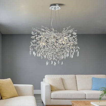 Modern Crystal Tree Branches Chandelier, 23.5in Silver 8 Lights Large Ceiling Hanging Light for Dining Room, Round Raindrop Pendant Light Fixture
