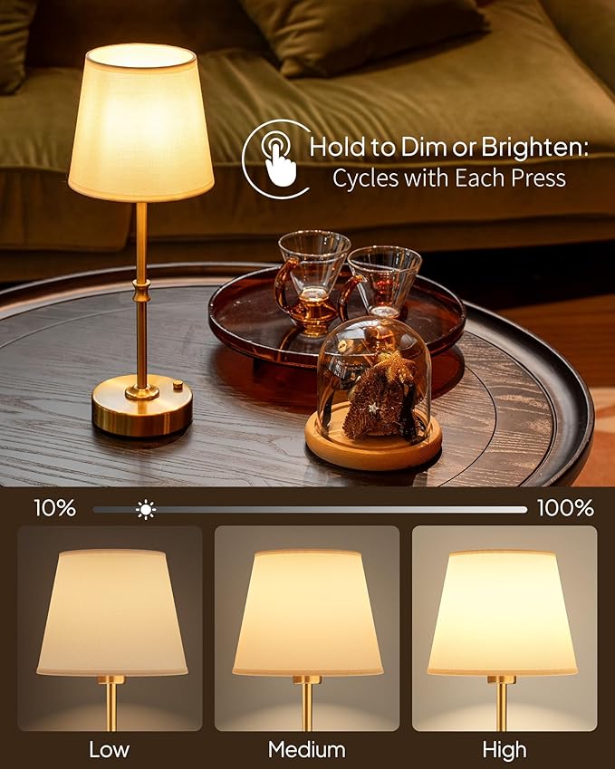 EppieBasic Cordless Table Lamp Rechargeable: Fast Charging & Long Lasting - 2700K Warm Light Samll Vintage Gold Lamps for Women Housewife - Dinning Living Room Bedroom