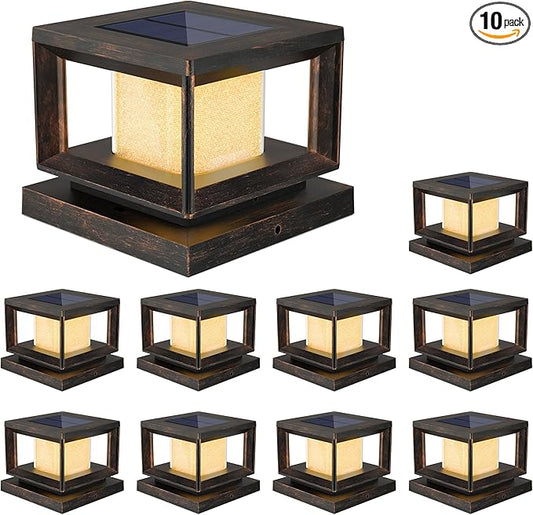 Mlambert 10 Pack Solar Post Lights Outdoor, Waterproof Fence Cap Lights for Deck, 4x4 6x6 Wooden Vinyl Outdoor Light with Shinning Effect, Brown