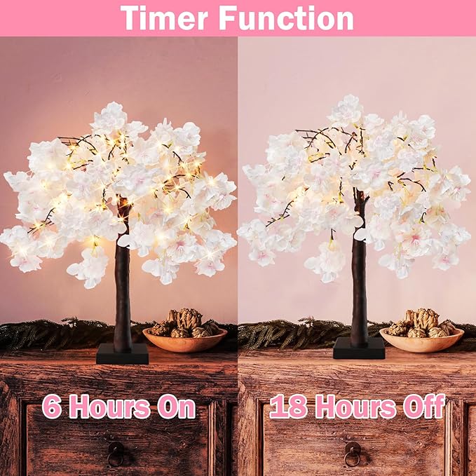 obbsie 24 Inch Lighted Cherry Blossom Tree, 2 Pack Artificial Bonsai Flower Tree with Timer Battery/USB Operated Pink Light Up Tabletop Tree for Spring Wedding Party Indoor Outdoor Decor