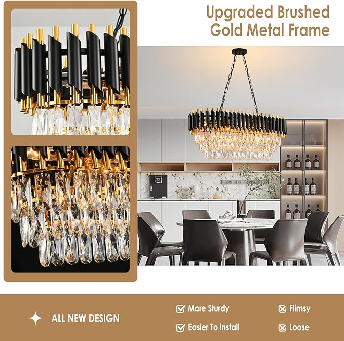 Modern Crystal Chandeliers for Dining Room Black and Gold Chandelier Living Room 8-Light Pendant Light Fixture Oval Contemporary Ceiling Hanging Light for Kitchen Island Bar L32 inch
