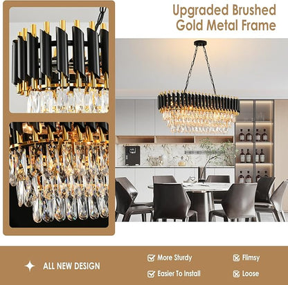 Modern Crystal Chandeliers for Dining Room Black and Gold Chandelier Living Room 8-Light Pendant Light Fixture Oval Contemporary Ceiling Hanging Light for Kitchen Island Bar L32 inch