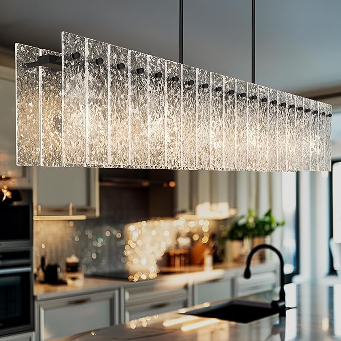 4FT Long Chandelier for Dining Room - Black Dining Room Light Fixture Linear Crystal Design with Water Ripple Glass & Large Rectangle & 6pcs MAX 60W E26 Bulbs