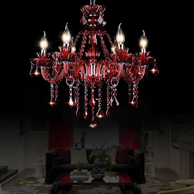 Bagood Red 6 Lights K9 Crystal Candle Chandeliers Lighting Modern Pendant Lights Crystal Modern Chandelier Candle Chandelier Lighting for Living Room Bedroom Hallway Entry E12 Base, H22 x W23.6 Inch