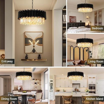 Modern Black Crystal Chandelier 20" 8-Light 4-Tier K9 Crystal Round Pendant Light Large Crystal Chandeliers for Dining Room Living Room Kitchen Island