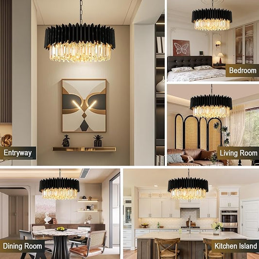 Modern Black Crystal Chandelier 24" 10-Light 5-Tier K9 Crystal Round Pendant Light Large Crystal Chandeliers for Dining Room Living Room Kitchen Island