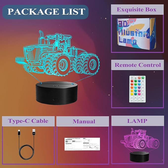 Tractor 3D Night Light, Tractor Gifts, LED Illusion Lamp with Remote Control, 16 Colors, Timer, RGB Flashing Mode and Dimmable, Tractor Toys Cool Stuff for Holiday Birthday Christmas