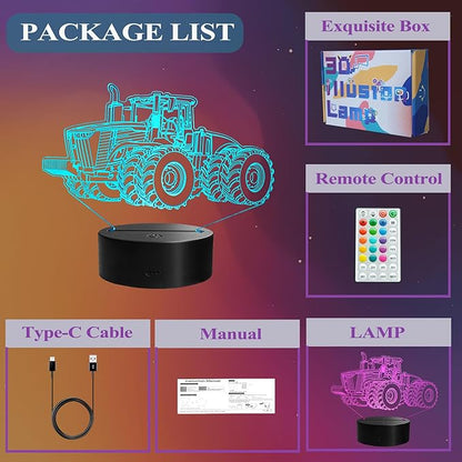 Tractor 3D Night Light, Tractor Gifts, LED Illusion Lamp with Remote Control, 16 Colors, Timer, RGB Flashing Mode and Dimmable, Tractor Toys Cool Stuff for Holiday Birthday Christmas