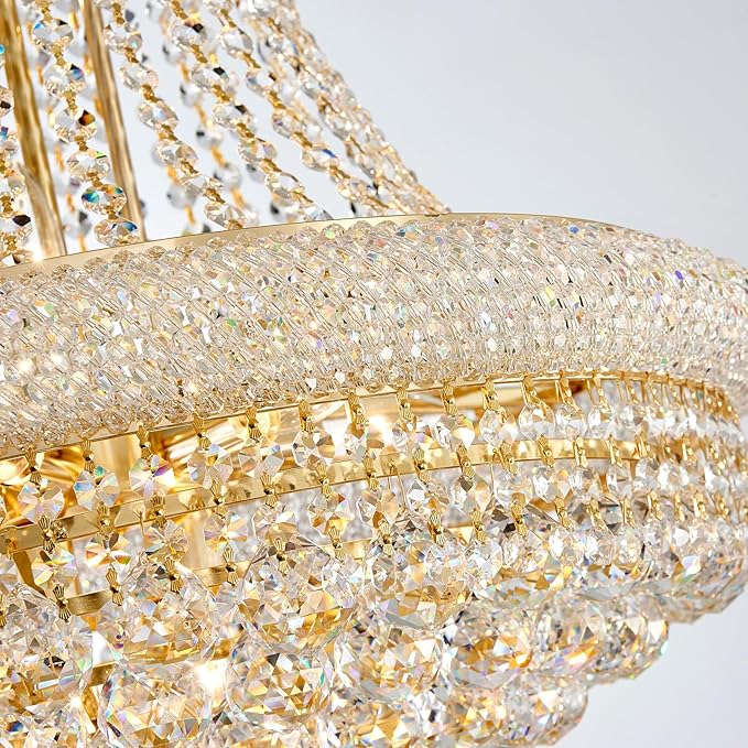 19-Lights Gold Large Crystal Chandelier Light Fixture, 3-Layer Luxury Empire Chandeliers Modern High Ceiling Hanging Chandelier for Living Room,Foyer,Staircase,Entryway (Gold,D31.5 x H47)