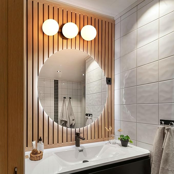 Black Bathroom Vanity Light Fixtures, Modern 3 Lights Globe Wall Sconce Lighting, Porch Wall Mount Light Fixture for Bathroom, Mirror Cabinets Hallway Stairs (Matte Black, 3-Light)