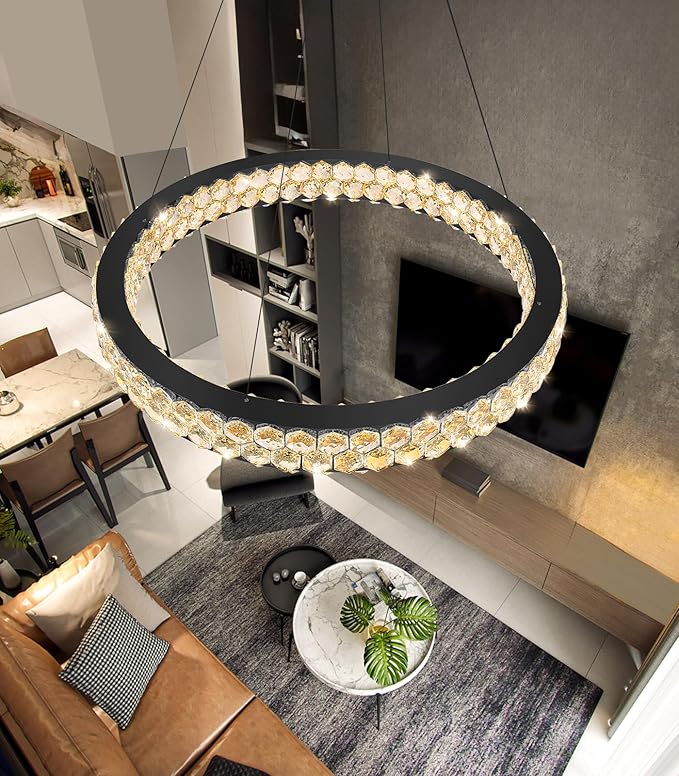 Modern Ring Chandelier Crystal Chandeliers for Dining Room Round Ceiling Light Fixture for Living Room Bedroom Lighting LED Dimmable with Remote Ring Lights Black