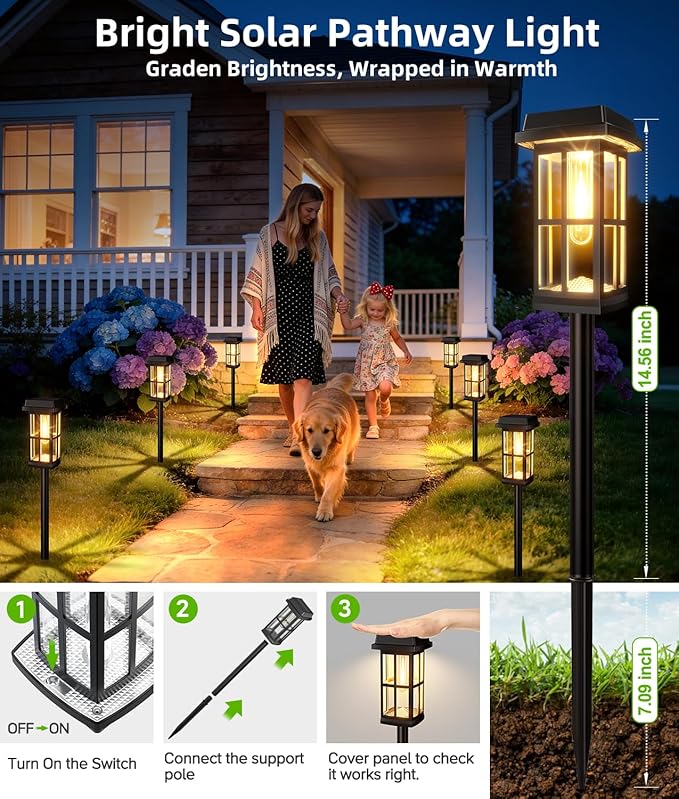 Ahaorigin 4 Pack Solar Pathway Lights Outdoor, 2 Ligting Mode Waterproof Solar Lights Outdoor, Brighter Up to 15 Hrs Sturdy Metal Poles Outdoor Path Light for Yard Walkway Driveway Sidewalk Garden