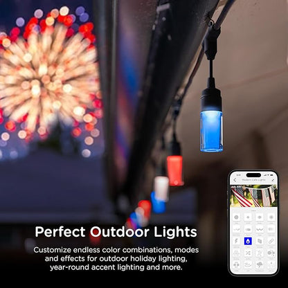 Enbrighten Vibe Modern Outdoor String Lights, 48ft, 24 RGBWIC Acrylic Bulbs, Weatherproof, Perfect for Gameday, Holidays, and More, Smart App Control, Compatible with Alexa, Google Home, 84013