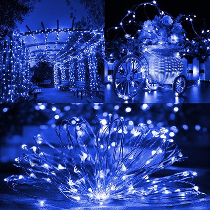 TW SHINE Blue Solar String Lights Outdoor, Total 80 FT 240 LED Solar Powered Waterproof Fairy Lights 8 Modes Copper Wire Lights for Christmas Party Tree Wedding Yard Decorations, 2 Pack