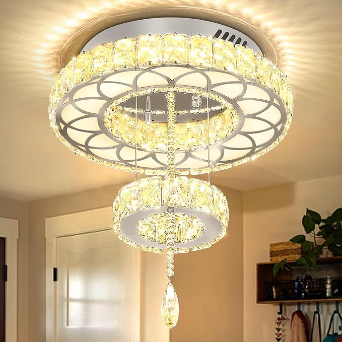 Flashing God Dia 12" Crystal Mini Chandelier Crystal Silver Ceiling Light Fixtures LED Flush Mount Ceiling Light for Living Room Bedrooms Dining Room Dimmable 2700k 4500k 6000k