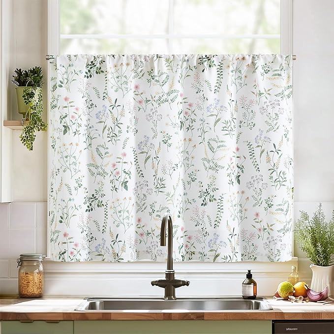 jinchan Spring Floral Kitchen Curtain Over Sink Farmhouse Linen Tier Curtain 24 Inch Length Cafe for Living Room Bathroom Botanical Small Drapes Rustic Light Filtering Rod Pocket 1 Panel Sage Green