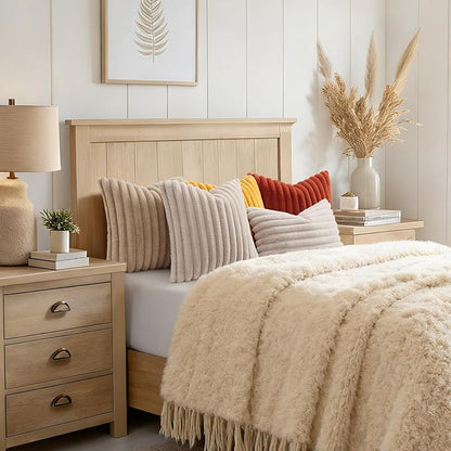 decorUhome Cozy Faux Fur Throw Pillow Covers 12x20 Set of 2 Decorative Soft Plush Striped Lumbar Modern Farmhouse Boho Couch Pillow Cases with Velvet Back for Sofa Bed Living Room, Khaki Brown