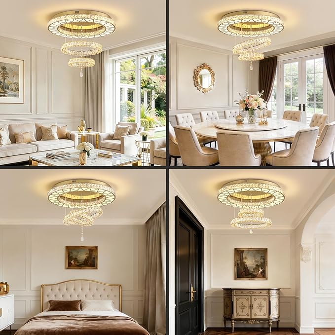 Siljoy 32" Gold Crystal Chandeliers, 3 Rings LED Flush Mount Ceiling Light, Dimmable Foyer Chandeliers for Living Room Dining Room Staircase, D12-18-32"